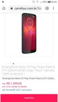 Smartphone Moto Z3 Play Power Pack & DTV Edition 64GB - R$1.099