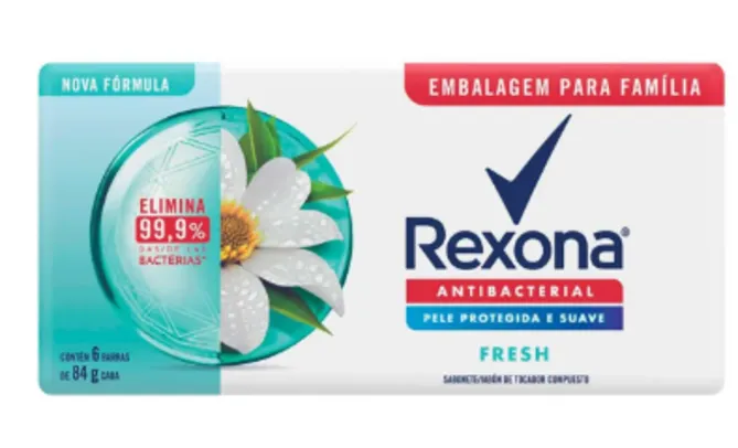 [R$1,41 cada] Kit Sabonete em Barra Rexona Antibacterial Fresh com 6 unidades de 84g cada