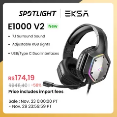 EKSA-E1000 V2 Headset RGB Gaming com Microfone com Cancelamento de Ruído, USB, Tipo C, 7.1 Surround, Headset, Gamer