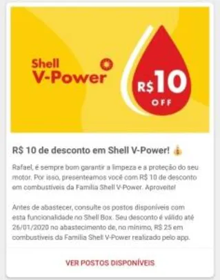 [Usuários Selecionados] R$10 OFF em abastecimento acima de R$ 25 - V-Power