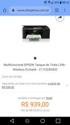 Impressora Multifuncional EPSON Tanque de Tinta L396 - Wireless Ecotank - C11CG50302 | r$845