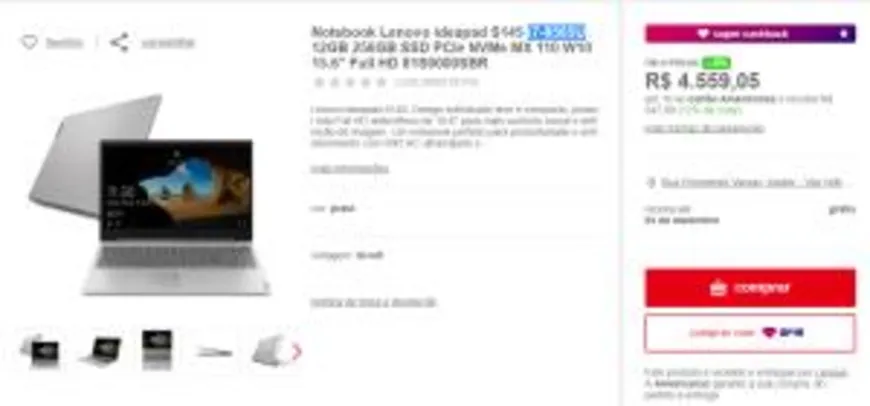 Notebook Lenovo ideapad S145 i7-8565U 12GB 256GB SSD PCIe NVMe MX 110 W10 15.6" Full HD 81S9000SBR R$4.012