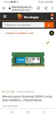 Memória para Notebook DDR4 Crucial, 8GB 2400MHz, CT8G4SFS824A | R$ 290