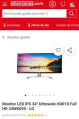 Monitor LED IPS 34" Ultrawide HDR10 Full HD 34WK650 - LG | R$1600