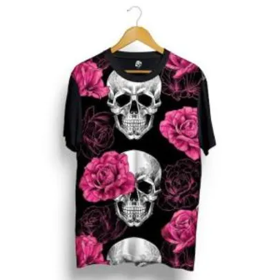 Camiseta BSC Skull Pink Rose Full Print - Preto