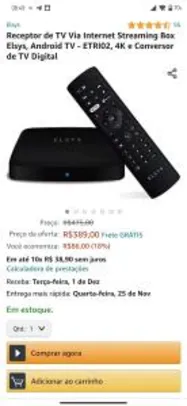Receptor de TV Via Internet Streaming Box Elsys, Android TV - R$386