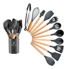 Kit c/ 12 Utensílios de Cozinha Silicone Cabo Madeira