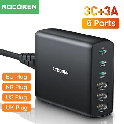 Carregador Rocoren-USB Tipo C PD Carregamento Rápido 6 Portas