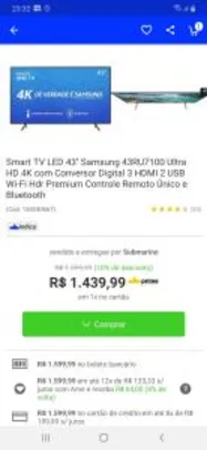 Smart TV LED 43'' Samsung 43RU7100 Ultra HD 4K com Conversor Digital 3 HDMI 2 USB Wi-Fi Hdr Premium Controle Remoto Único e Bluetooth
