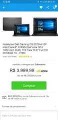 Notebook Dell Gaming G3-3579-A10P Intel Core 8ª i5 8GB (GeForce GTX 1050 com 4GB) 1TB Tela 15,6" Full HD Windows 10 - Preto | R$4.000