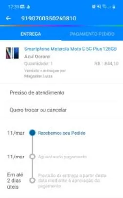 Smartphone Motorola Moto G 5G Plus 128GB | R$ 1844