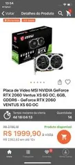 Placa de Vídeo MSI NVIDIA GeForce RTX 2060 | R$2000