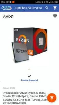 Processador AMD Ryzen 5 1600, Cooler Wraith Spire, Cache 19MB, 3.2GHz (3.6GHz Max Turbo), AM4 - YD1600BBAEBOX - R$530