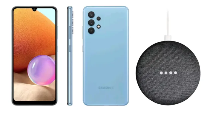 Saindo por R$ 1533: Smartphone Samsung Galaxy A32 128GB Azul 4G - 4GB RAM + Nest Mini 2ª geração Smart Speaker | R$1.533 | Pelando