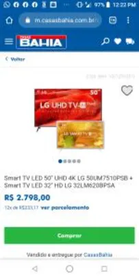 Smart TV LED 50" UHD 4K LG 50UM7510 + Smart TV LED 32" HD LG 32LM620 | R$2.798