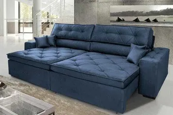 Sofá Austin 2,82m Retrátil, Reclinável com Molas no Assento e Almofadas, Suede Azul | R$1990