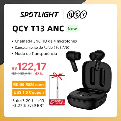 Fone de ouvido sem fio com cancelamento de ruído Qcy t13 anc tws bluetooth 5.3 