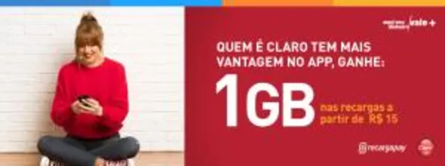 [Claro] Recarregue R$15 e ganhe 1gb no Recarga Pay