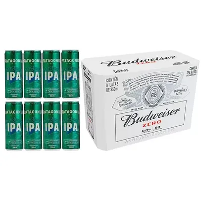 (VIP) Cerveja Patagonia IPA Lata Sleek 350ml - 8 Unid + Cerveja Budweiser Zero Álcool Lata 8 Unid