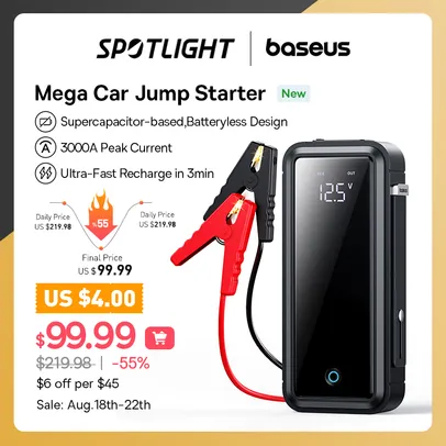 Dispositivo Carregador de Bateria Portátil de Emergência Baseus Jump Starter, 3000A 