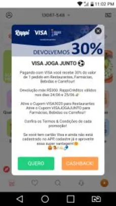 [Cartão Visa] 30% de Cashback em Compras acima de R$150 no Rappi