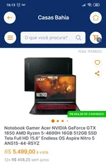 Notebook Gamer Acer NVIDIA GeForce GTX 1650 AMD Ryzen 5-4600H 16GB 512