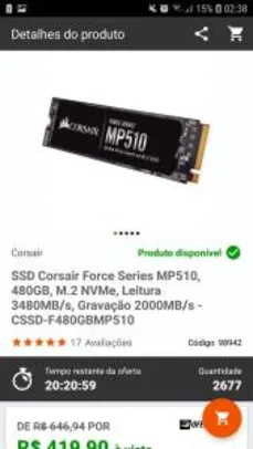 SSD Corsair Force Series MP510, 480GB, M.2 NVMe, Leitura 3480MB/s, Gravação 2000MB/s - CSSD-F480GBMP510 R$420