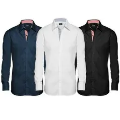 ￼￼

Kit 3 Camisas Sociais Slim Fit Masculina- Branca/ Preta/ Azul Marinho- Bipai