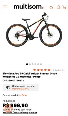 Bicicleta Aro 29 Caloi Vulcan Sunrun Disco Mecânico 21 Marchas - Preto