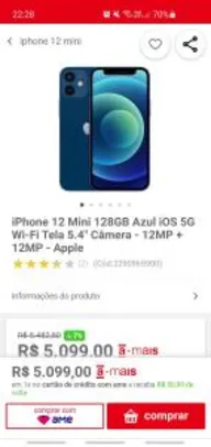 iPhone 12 Mini 128GB Azul iOS 5G Wi-Fi Tela 5.4" - R$5099