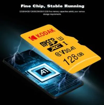 Cartão Kodak Alta Velocidade U3 A1 V30 Micro SD Card TF - Amarelo 128 GB - R$ 80