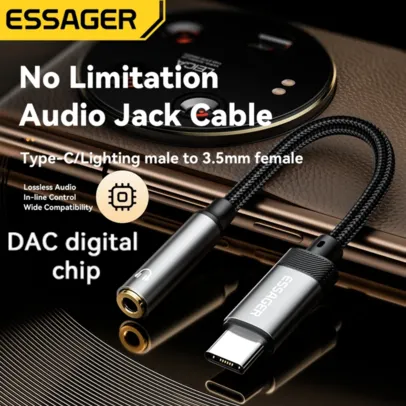 [Imposto Incluso] Essager Cabo USB Tipo-C para fone de ouvido 3.5mm, HI-FI, DAC, OTG, Para iPhone 15, Samsung, Xiaomi