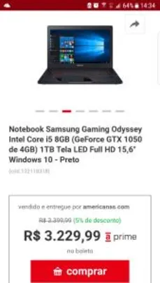 Notebook gamer Samsung Odyssey - R$3229