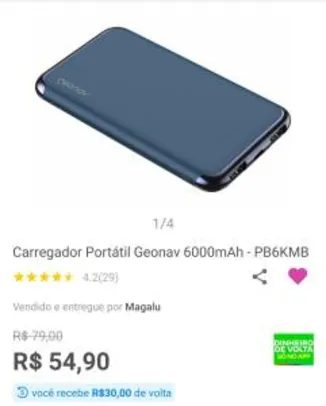 [MAGALUPAY] R$24,90 Carregador portátil Geonav 6000mAh