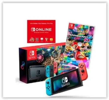 Console Nintendo Switch + Joy-Con Neon + Mario Kart 8 Deluxe + 3 Meses de Assinatura Nintendo Switch Online, Azul e Vermelho - HBDSKABL2