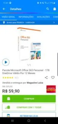 Pacote Microsoft Office 365 Personal - 1TB OneDrive Válido Por 12 Meses R$ 60