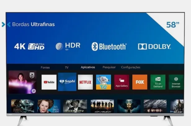 Smart TV 58” Philips 58PUG6654/78 4K UHD HDR10+ Dolby Vision Dolby Atmos Bluetooth WiFi 3 HDMI 2 USB - Prata Bordas ultrafinas