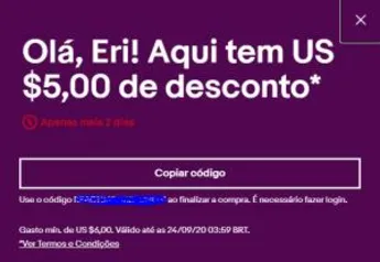 Cupom de 5$ de desconto Ebay Contas Selecionadas