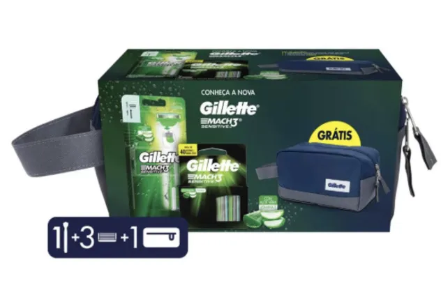 Kit Aparelho De Barbear Gillette Mach3 1 Unid + 3 Unid Refis Para Barbear + Necessaire 1 Unid