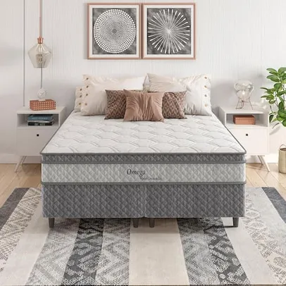 Cama Box Queen Size Herval Ômega com Pillow Top e Molas Ensacadas 60x158x198cm - Cinza/Branco