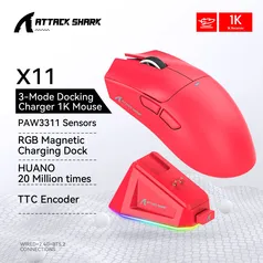 [Moedas R$ 164 ] Mouse Gamer Sem Fio Attack Shark X11, Sensor PAW3311, com Dock.