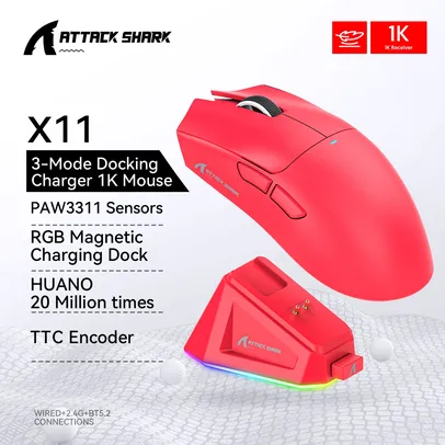 [Moedas R$ 164 ] Mouse Gamer Sem Fio Attack Shark X11, Sensor PAW3311, com Dock.