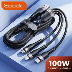 Cabo Toocki Micro USB Tipo C  de carregamento, Cabo de dados para iPhone 15, 14, 13, Huawei Honor, Xiaomi 12, 13, Vivo, Oppo, USB, 6A, 100W, 3 em 1