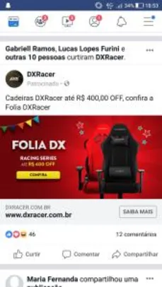 Cadeiras DXRACER com até R$400 OFF