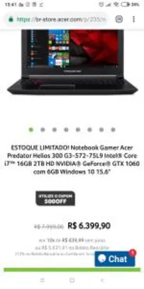 [BOLETO] Notebook Gamer Acer Predator Helios 300 G3-572-75L9 Intel® Core i7™ 16GB 2TB HD GeForce® GTX 1060 com 6GB W10 15,6" | R$5131