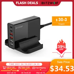 (NOVOS USUÁRIOS) Carregador universal BlitzWolf BW-S16 75W Dual 6 Portas USB PD | 148,58