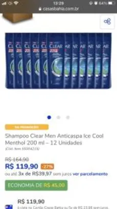 Shampoo Clear Men Anticaspa Ice Cool Menthol 200 ml – 12 Unidades | R$120