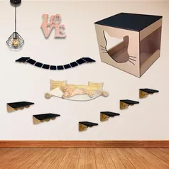 Kit Playground 9 peças Mdf Para Gato Degrau Ponte Nicho Rede madeira Pinus