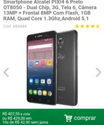 Smartphone Alcatel PIXI4 6 Preto OT8050 - Dual Chip, 3G, Tela 6, Câmera 13MP + Frontal 8MP Com Flash, 1GB RAM, Quad Core 1.3Ghz,Android 5.1 - R$ 408