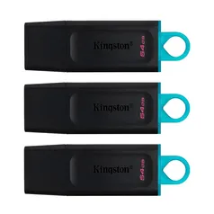 Kit - 3 Pen Drives DataTraveler Exodia 64GB Kingston com Conexão USB 3.2, Preto/Azul - DTX/64GB